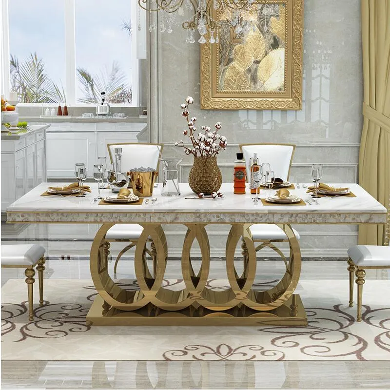 Rectangle Restaurant Dining Table 8 People Tavolo Sedie Mirrored Stainless Steel Clear Tempered Glass or Marble Top  Dining Table
