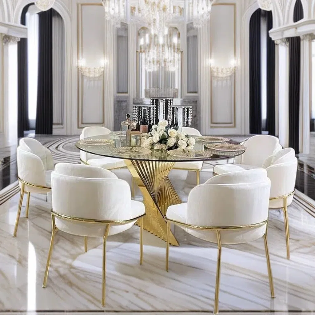 Luxury Furniture Golden Metal Round Clear Glass Top Stainless Steel Wedding Banquet Dining Room Tables with Chairs