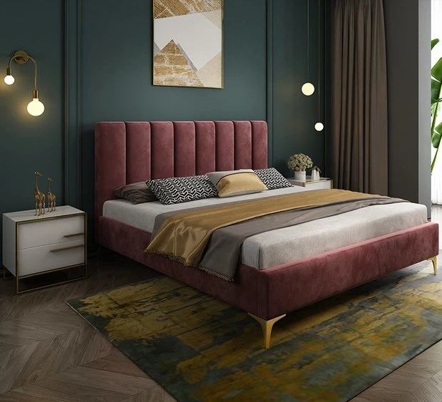 Luxury European American Style Furniture Bedroom Modern Double Leather Solid Wooden Bed