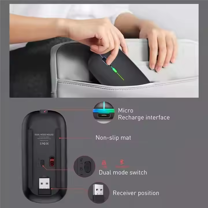 Rechargeable Bluetooth Wireless Mouse with 2.4GHz USB RGB 1600DPI Mouse for Computer Laptop Tablet PC Mouse Gamer