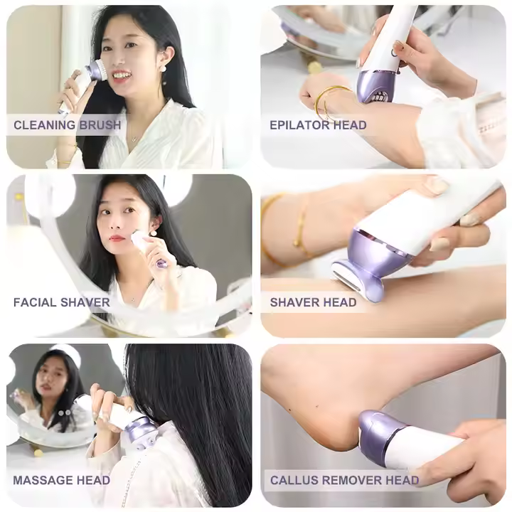 6 in 1 Portable IPX7 Waterproof Face Hair Removal Electric Women Epilator Face Cleaning Brush Skin Massager Ladies Shaver