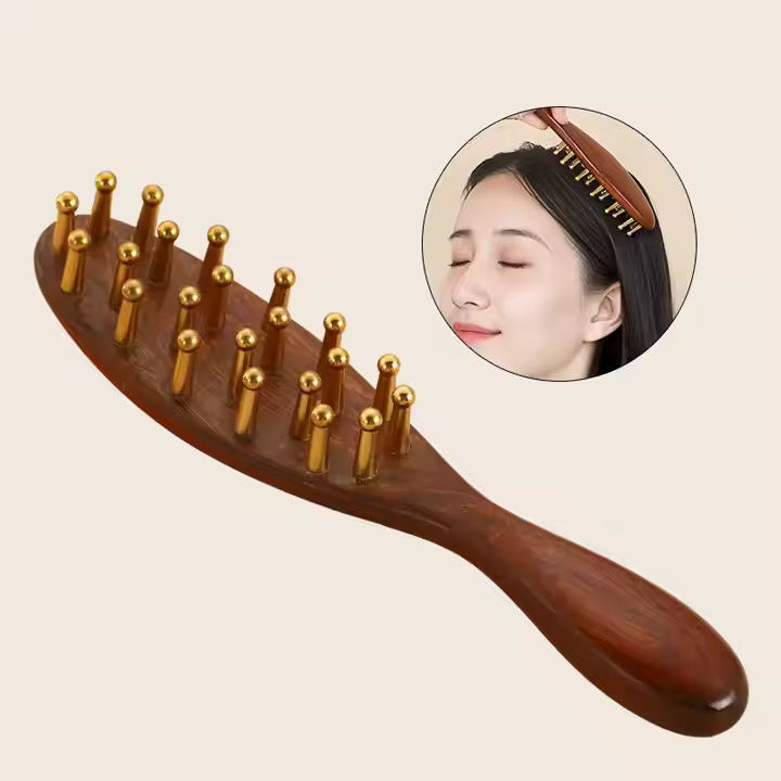 Therapy Wooden Stick Wood Gua Sha Guasha Set logo Custom Gua Sha Massage Tool Brass Wooden Head Hair Scalp Massager Comb Brush