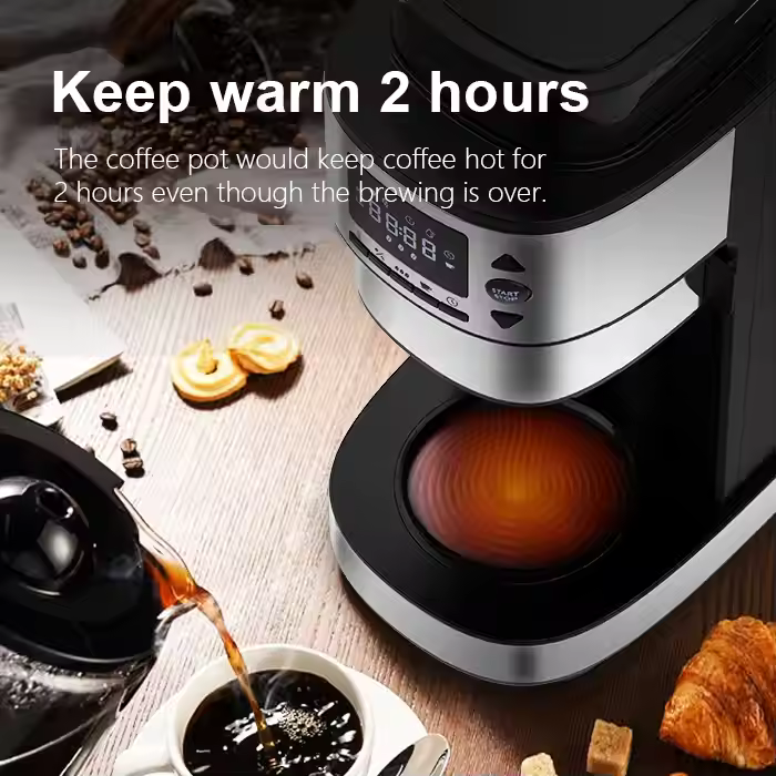 Programmable Electric Drip Coffee Grinder 6 Cups Stainless Steel Housing Keep Warm Feature for Office Home Hotel Use French